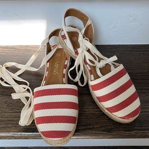 Kaanas by Anthropologie Espadrilles Red Stripe Lace Up Cotton Leather Lined
